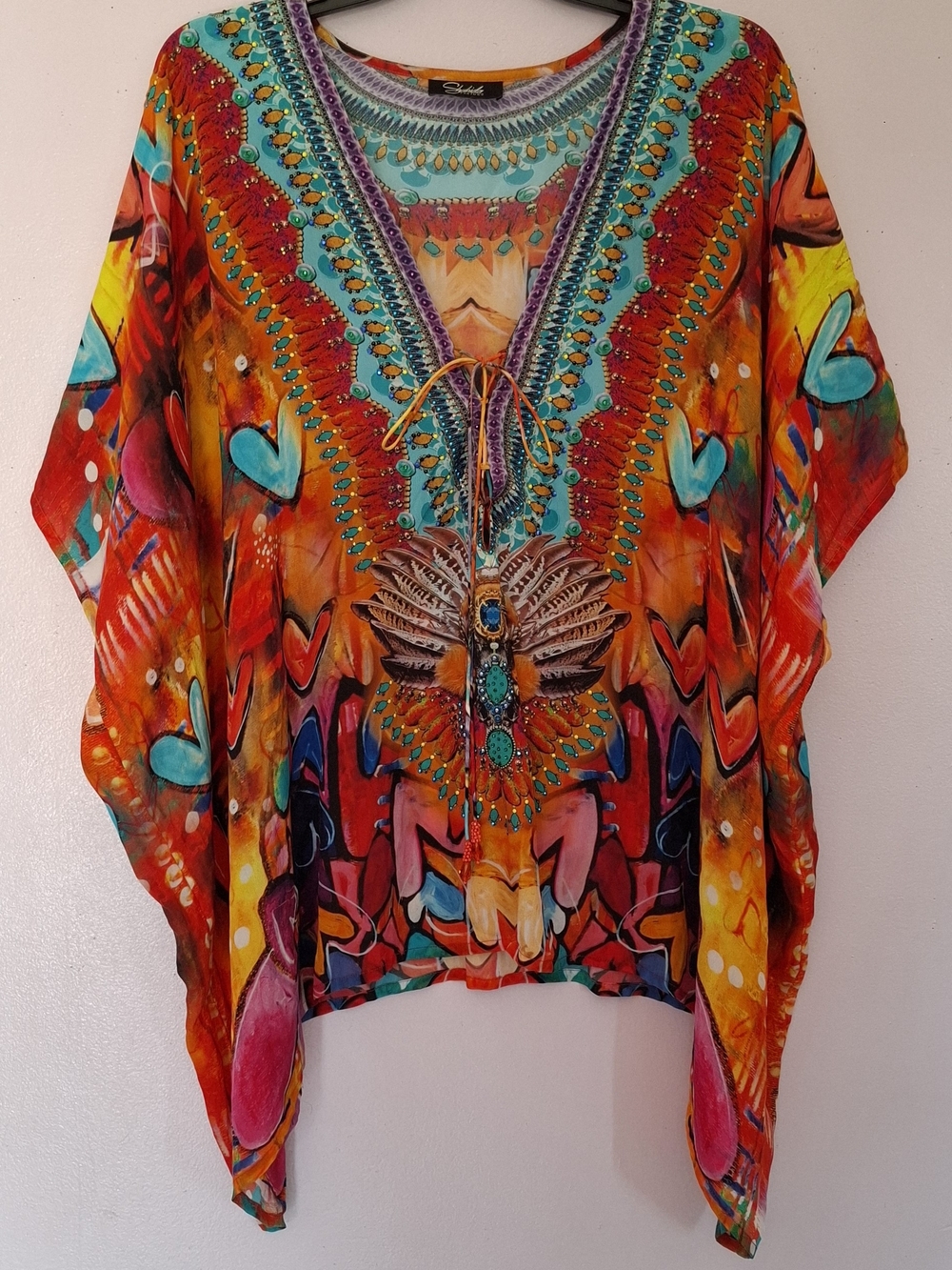 Shahida Parides colorful boho caftan top with rhinestones One Size